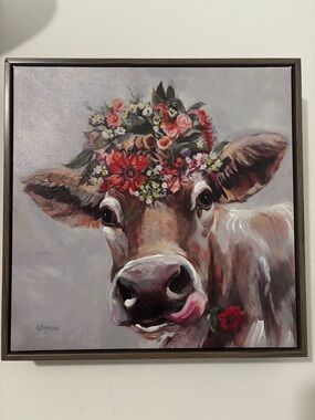 Hobby Lobby Cow Portrait with Floral Crown - Brown, Pink & Red